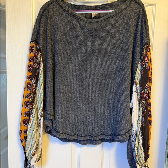 We The Free Tops - We The Free Charcoal Top with Colorful Patterned Sleeves